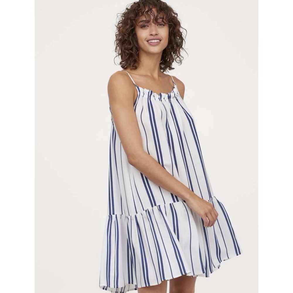 H&M Blue & White Stripe Tiered Mini Dress Adjustable Strap Sleeveless Swing 12